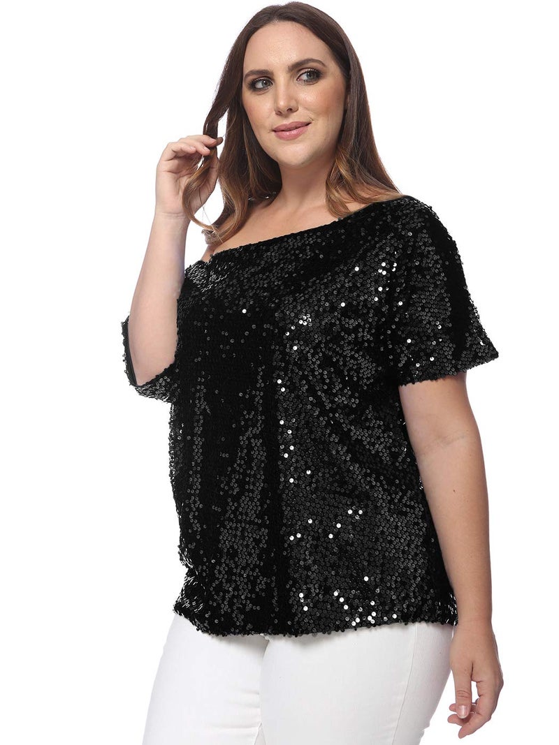 Anna-Kaci Women's Plus Size Sequin Sexy One Shoulder Short Sleeve Party Club Top, Black, 2X-Large - Image 3